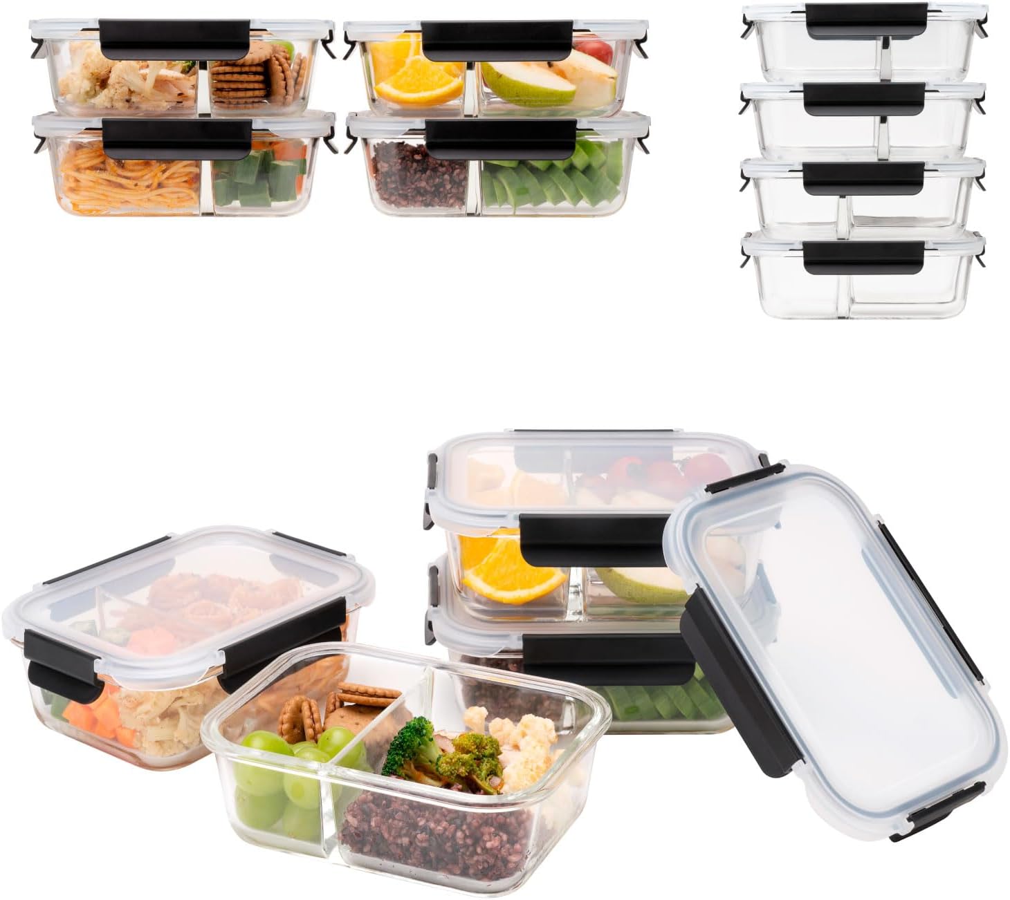 EasyWare JUEGO DE RECIPIENTES DE VIDRIO HERMÉTICO, CONTENEDORES Para Alimentos con Tapas Cierre Fácil, Refractarios para Cocina, Horno, Refrigerador Congelador (JUEGO 10 RECIPIENTES (20 PZ))