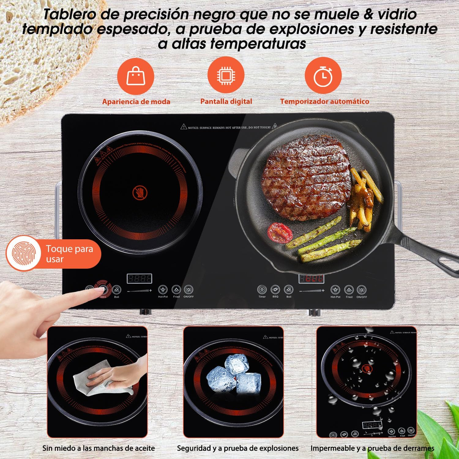 3500W Parrilla de Inducción Eléctrica, 1850W+1850W Control Independiente Cocina por Inducción de Doble Horno, 10 Niveles de Temperatura y Potencia, Sistema de Seguridad, Pantalla LCD Touch
