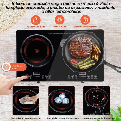 3500W Parrilla de Inducción Eléctrica, 1850W+1850W Control Independiente Cocina por Inducción de Doble Horno, 10 Niveles de Temperatura y Potencia, Sistema de Seguridad, Pantalla LCD Touch
