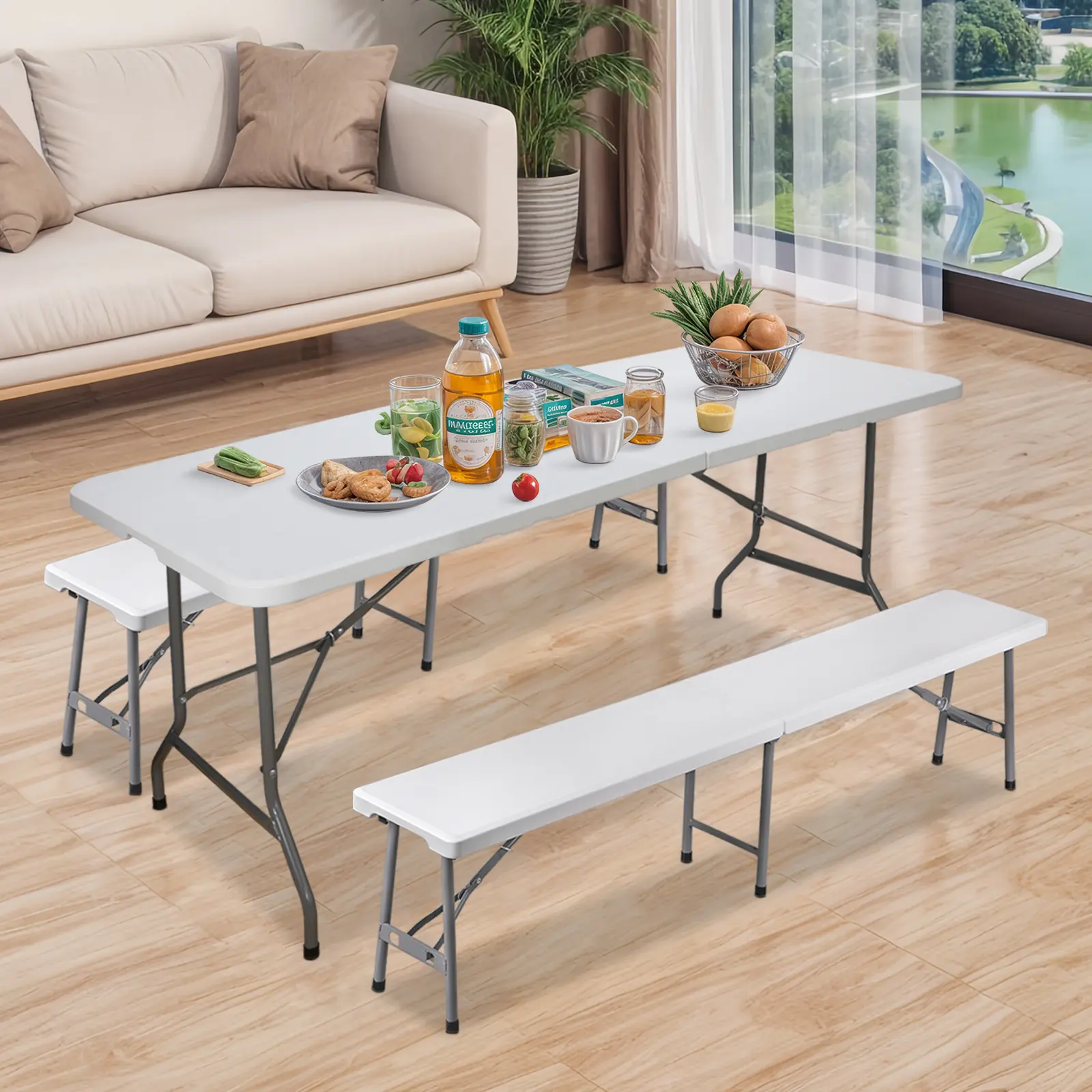 Mesa Plegable de 1.8 m con 2 Bancos, HDPE Impermeable, Soporta 159 kg, para Camping, Picnic y Exteriores