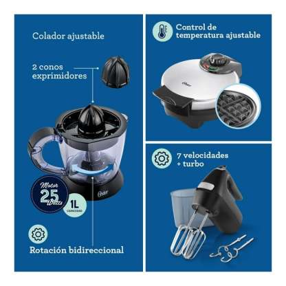 Combo Oster 5 Elementos licuadora, Cafetera, batidora, wafflera y exprimidor de jugos Negro con Plata