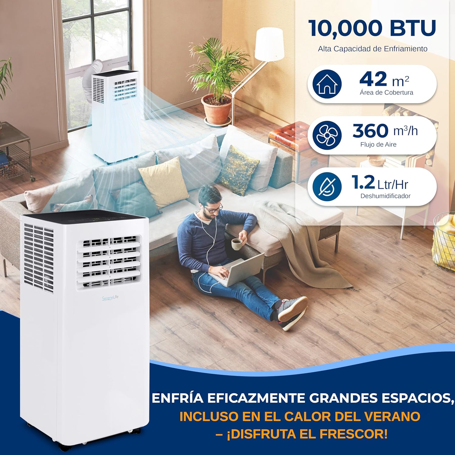 SereneLife Aire Acondicionado Portátil 10000 BTU WiFi con Deshumidificador Incorporado, para habitaciones de hasta 42mts, Control Remoto y App, Incluye Kit de Montaje para Ventana