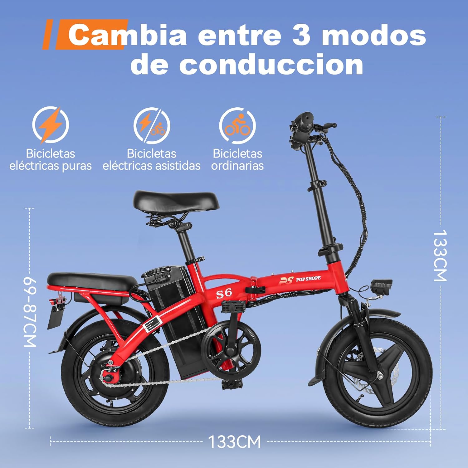 Pop Shope S6 Bicicleta Eléctrica Plegable para Adultos, Velocidad Máxima 35KM/H, Potencia Máxima del Motor 750W, Autonomía 35KM, Batería 48V/10.4AH