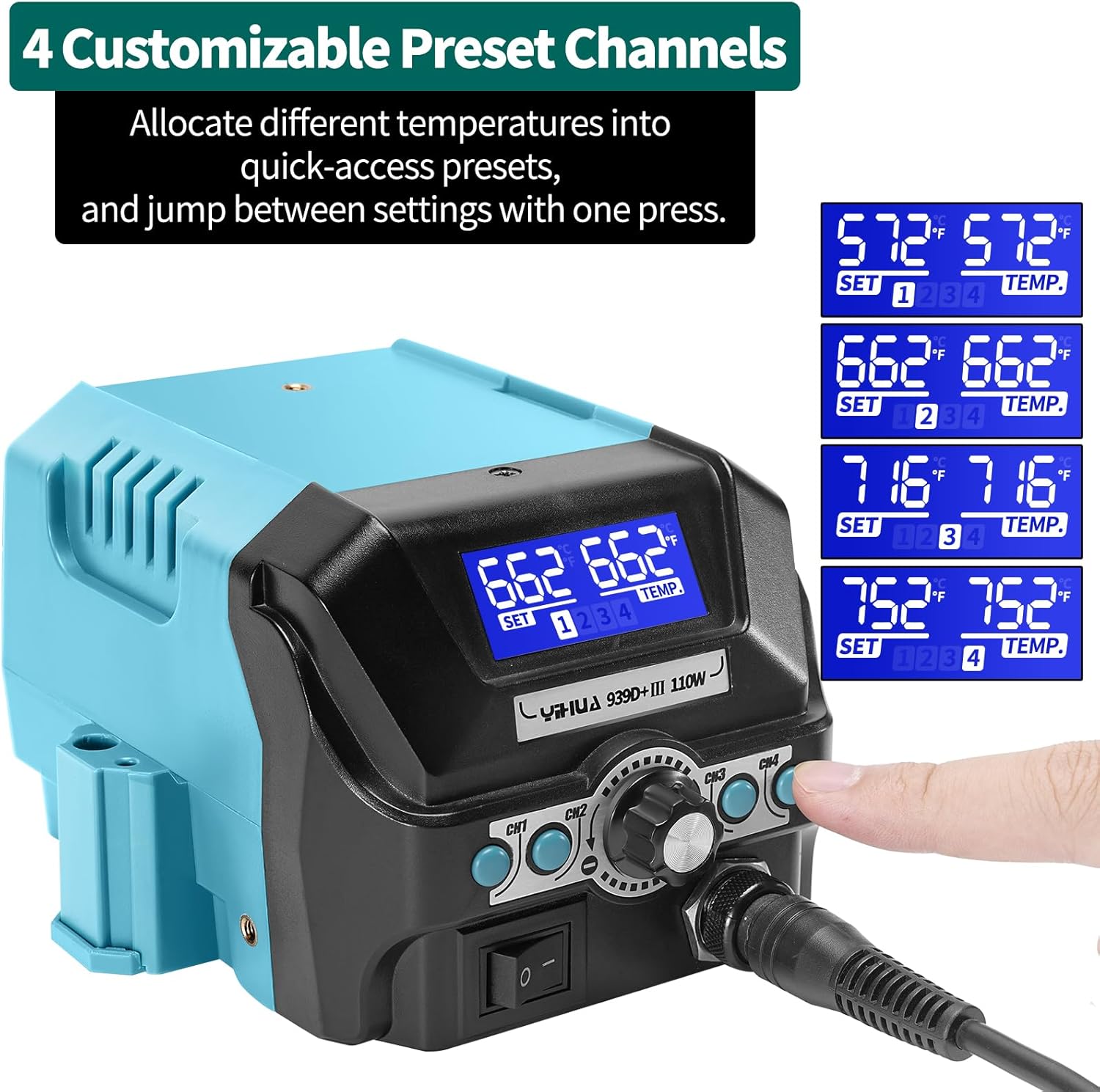 YIHUA 939D+ III EVO Kit de estación de soldador digital de 110 W de alta potencia con visualización LCD, 4 canales de memoria, modo de suspensión, calibración digital, cable de soldadura, manos
