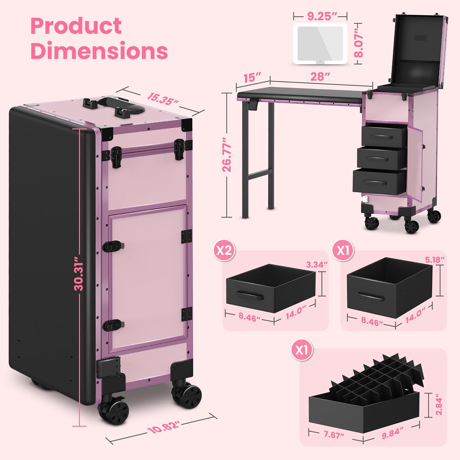 EASYINBEAUTY - Mesa de manicura portátil con 3 cajones, organizador de espejo y esmalte de uñas, estuche de tren de maquillaje con cerradura con computadora de uñas plegable, estuche de viaje