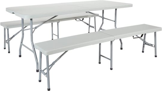 Juego de mesa de picnic con 2 bancos, juego de sillas de mesa de camping de 6 pies, muebles plegables de 3 piezas para uso interior o exterior