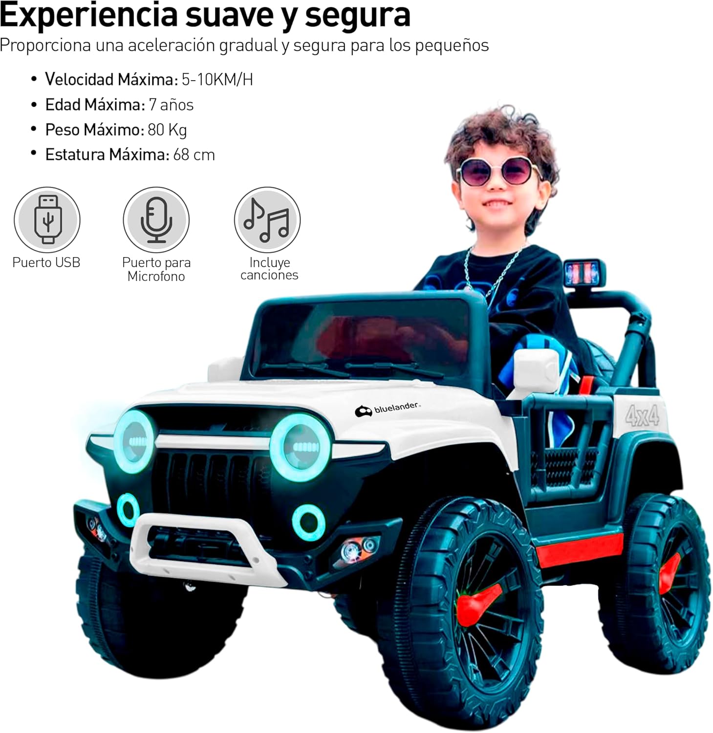 Bluelander Carro Electrico Tipo Jeep Montable Niño Niña, 69*61*105 Cm, Carro Electrico 5 KM/H, Carrito Montable Electrico Musical, Luz Led, Control Remoto, Puerto USB, MIC, Bateria Recargable (Rojo)