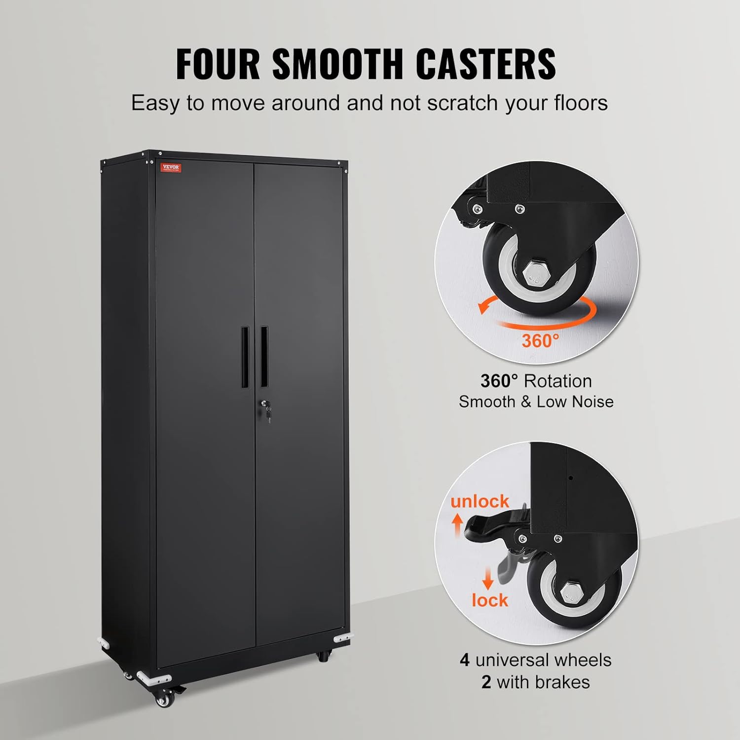 Metal Storage Cabinet with Wheels, 75'' Locking Steel Storage Cabinet with 2 Magnetic Doors and 4 Adjustable Shelves for Office, Garage, Home