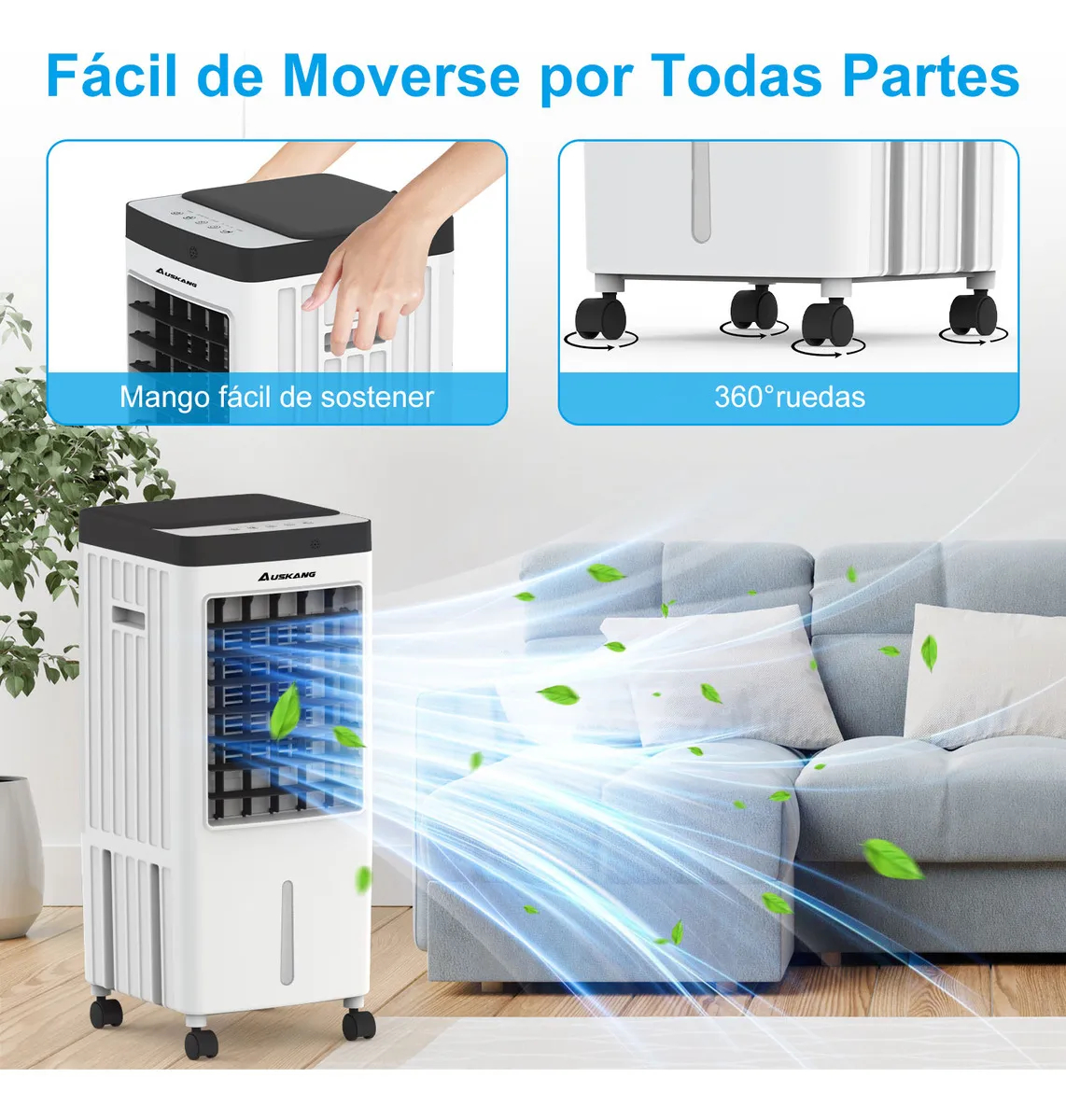 Auskang Aire Acondicionado Portátil 10L - 4 en 1 Enfriador de Aire,Ventilador de Frío Portátil Silencioso con 3 Cajas de Hielo,Control Remoto y Temporizador para Dormitorio Habitación Oficina