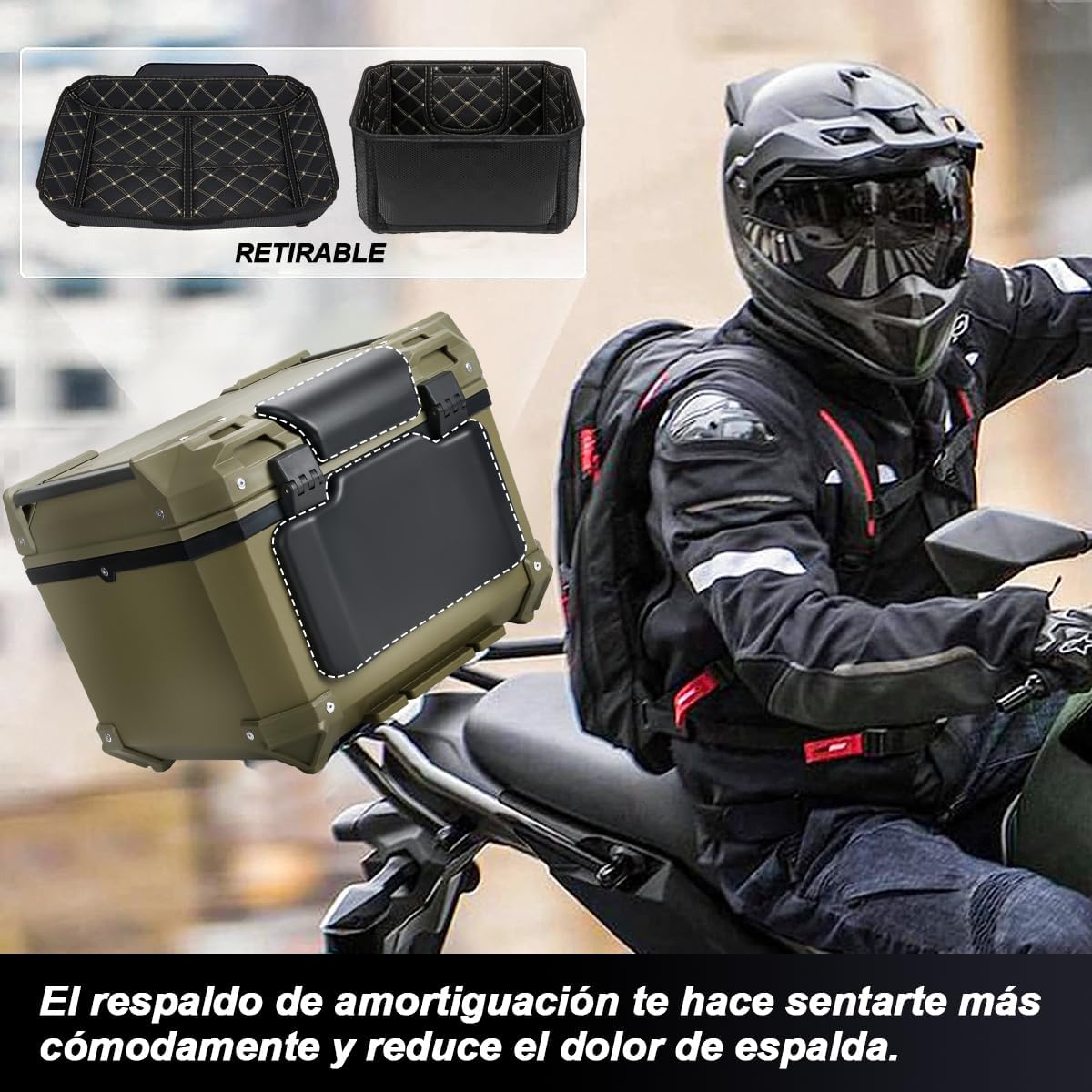MOCOERL-Impermeable Baul Trasero Caja Moto Abs Respaldo Acojinado 45l Puede contener 1 casco Con cierre de seguridad de acero inoxidable Verde militar (E-570-G)