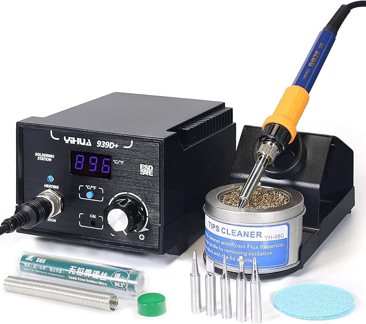 YIHUA 939D+ III EVO Kit de estación de soldador digital de 110 W de alta potencia con visualización LCD, 4 canales de memoria, modo de suspensión, calibración digital, cable de soldadura, manos