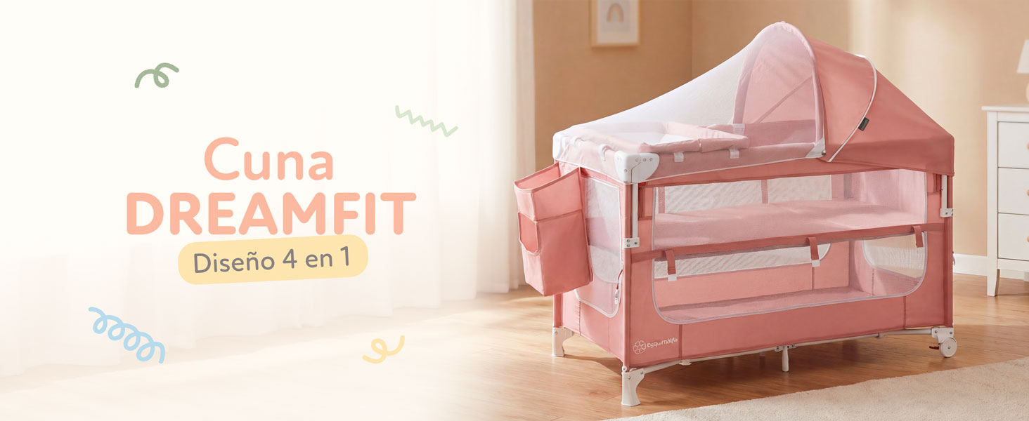 Cuna DREAMFIT ESQUIMALITO: Diseño 4 en 1. Práctica cuna corral rosa con mosquitero y organizador.