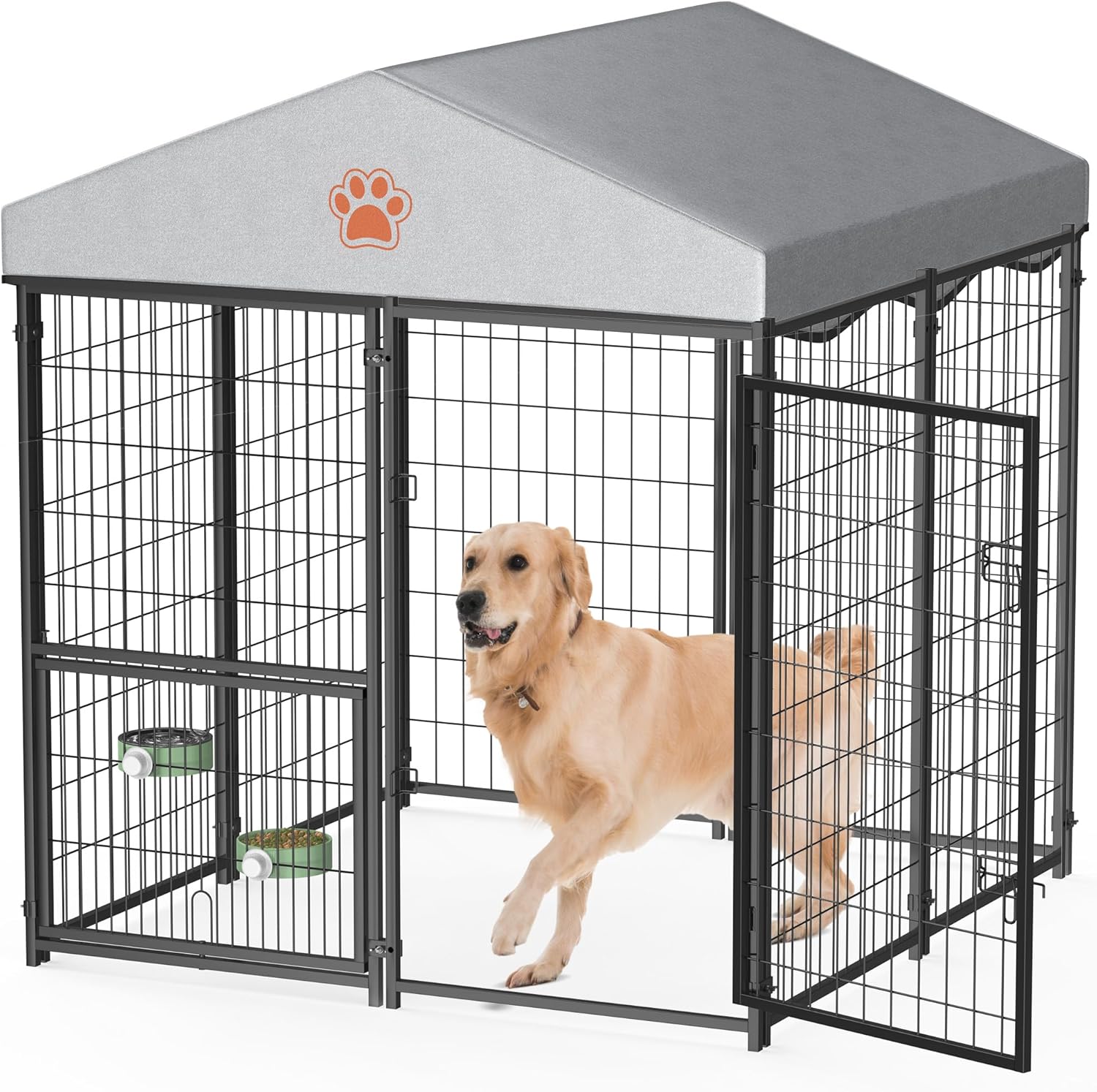 Mr Ironstone- Perrera grande para perros al aire libre con techo resistente al agua, perrera exterior resistente para perros, corral para mascotas, recinto para perros con comedero giratorio y cerradu