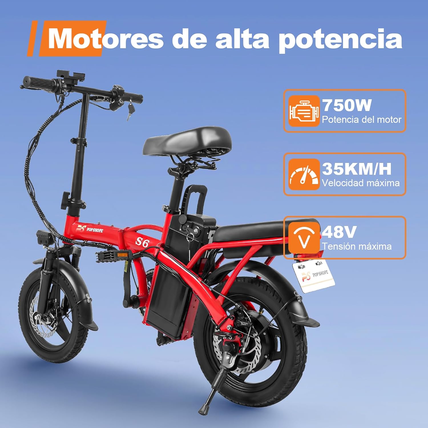 Pop Shope S6 Bicicleta Eléctrica Plegable para Adultos, Velocidad Máxima 35KM/H, Potencia Máxima del Motor 750W, Autonomía 35KM, Batería 48V/10.4AH