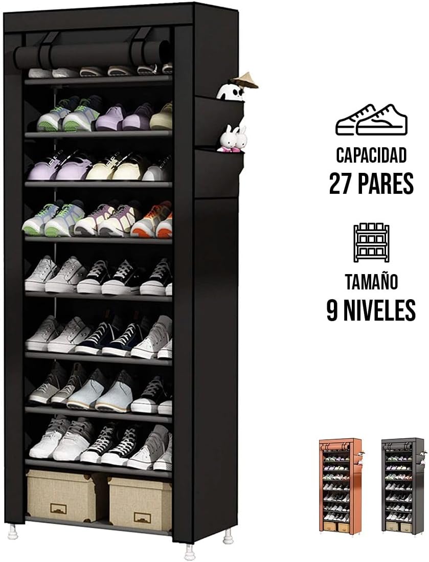 Raganet, Zapatera de 9 Niveles, Closet Plegable para Calzado y Prendas de Vestir, Estante Organizador Ajustable (Negro)