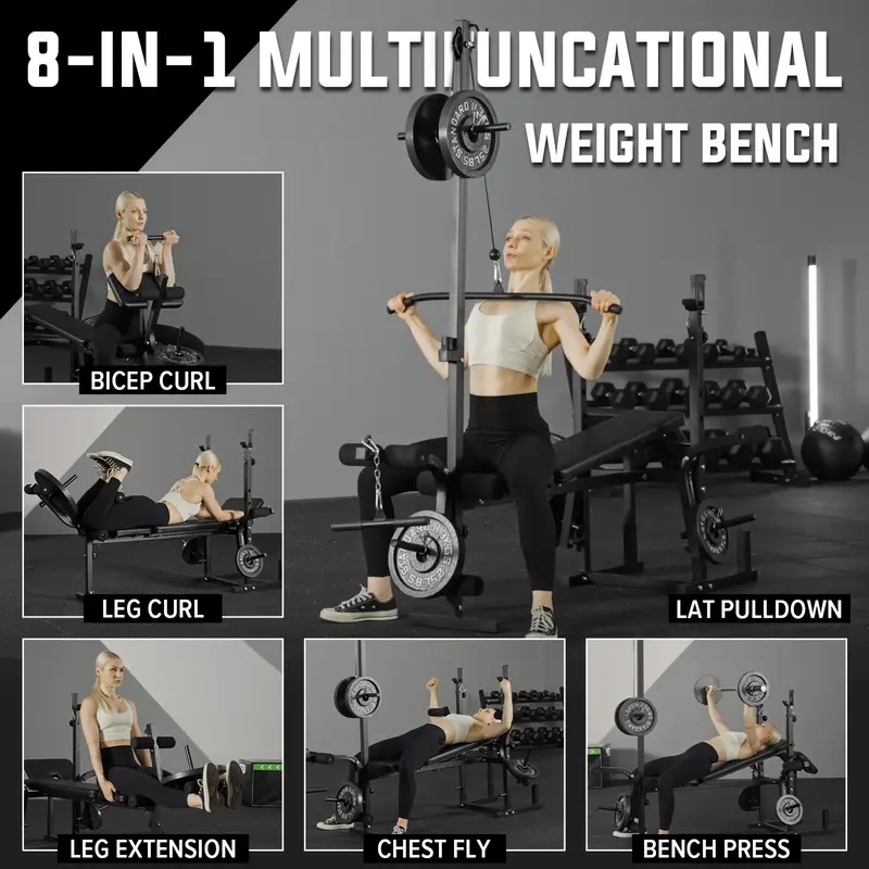 Banco de pesas ajustable 8 en 1, estación de entrenamiento multifuncional con capacidad de 800 libras, adecuado para extensión de piernas, modelado corporal, entrenamiento de fuerza, levantamiento de pesas