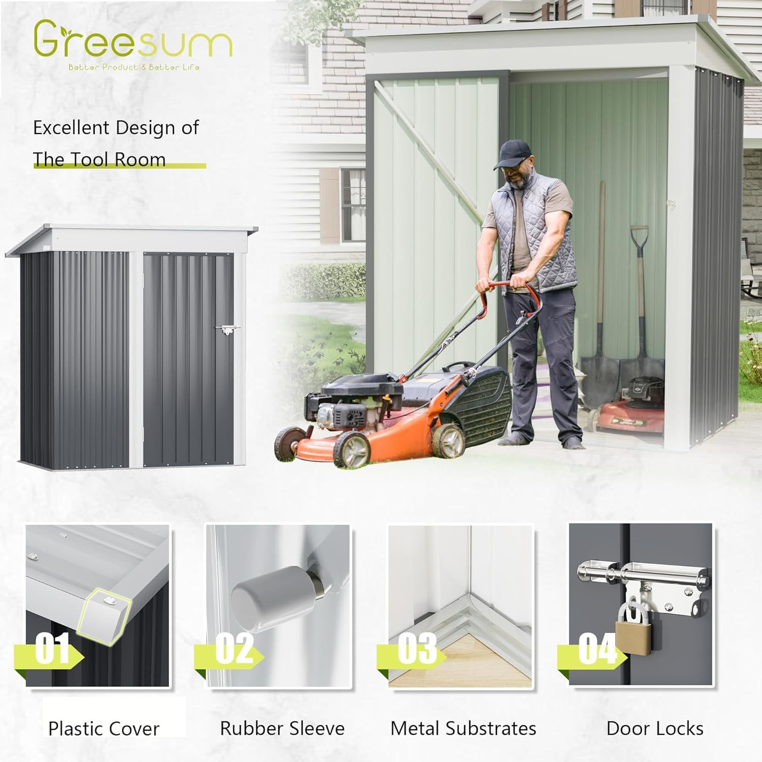 Greesum - Cobertizo de almacenamiento de metal para exteriores, 5 pies x 3 pies, herramienta de acero para cobertizo de almacenamiento con puerta y cerradura, para patio trasero, jardín, patio, césped (5 x 3 pulgadas), color café