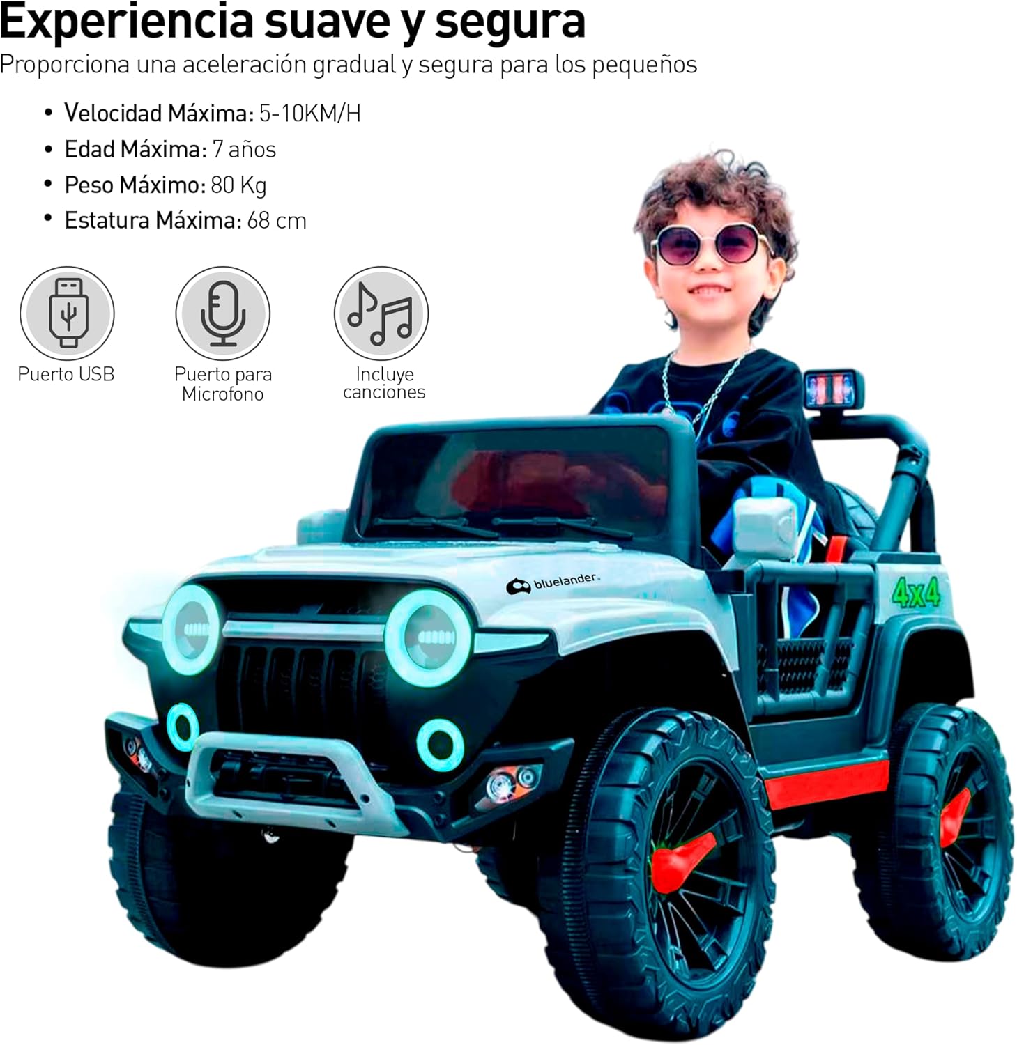 Bluelander Carro Electrico Tipo Jeep Montable Niño Niña, 69*61*105 Cm, Carro Electrico 5 KM/H, Carrito Montable Electrico Musical, Luz Led, Control Remoto, Puerto USB, MIC, Bateria Recargable (Rojo)