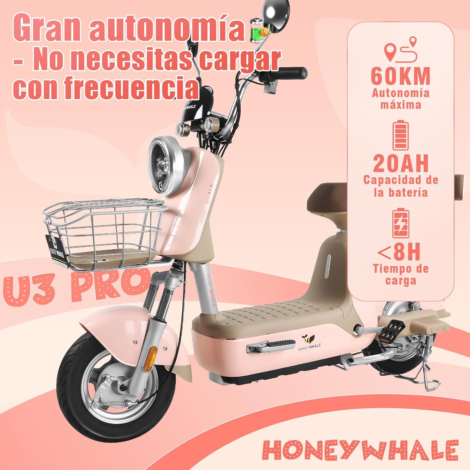 HONEYWHALE U3 PRO Bicicleta Electrica para Adultos, Moto Electrica con Alarma, Potencia Motor 650W-Max, Velocidad 31KM/H-Max, Autonomia 60KM, Bateria 20AH de Gran Capacidad