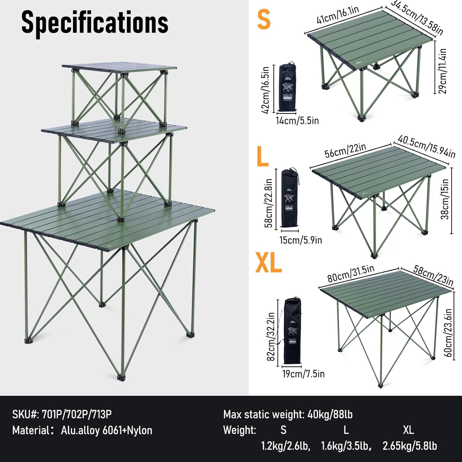 iClimb mesa de camping ultraligera, compacta, plegable con bolsa de transporte (Verde reforzado - L)