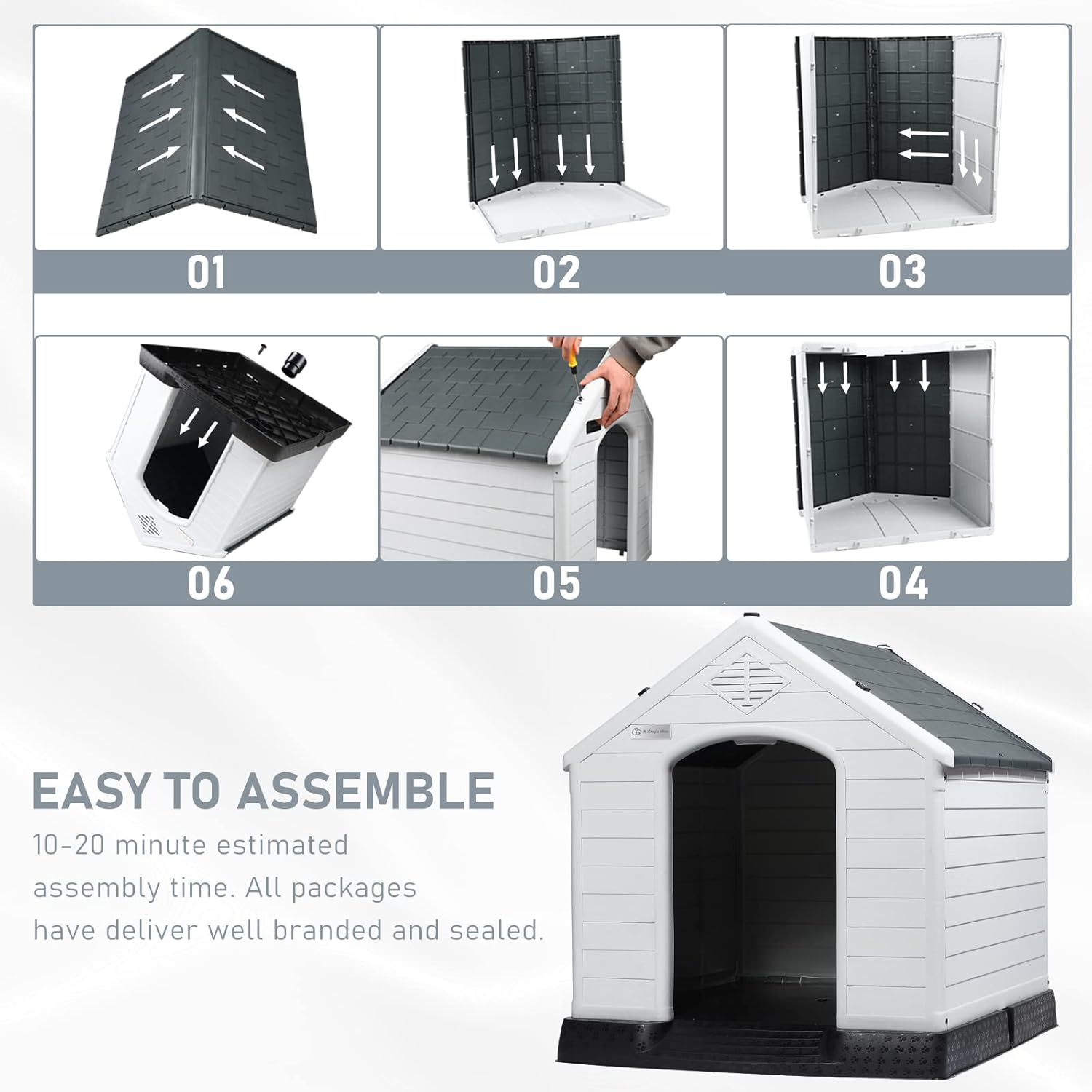 LEMBERI Casa de plástico duradera e impermeable para perros de tamaño pequeño a grande, casa de perro aislada para interiores y exteriores, refugio para cachorros con suelo elevado, fácil de montar, diseño de ventilación para perros