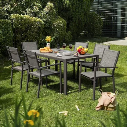 Juego de comedor para patio, 7 piezas, marco de metal, muebles de exterior con 6 sillas de textileno y mesa rectangular, juego de conversación de cocina familiar para patio trasero, césped, terraza (café)