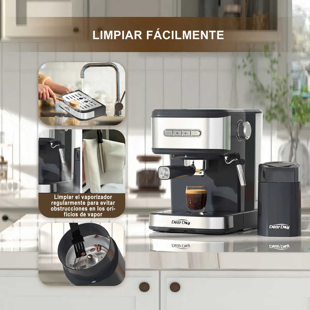 Cafetera Espresso DEAR DAY Semi Automática con Molino y Vaporizador para Café en Grano o Cápsulas