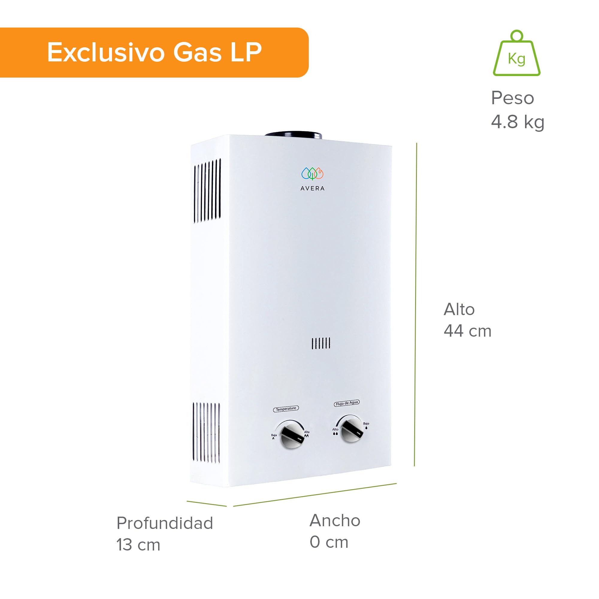 AVERA Calentador de Agua Instantaneo GAS LP, Boiler de Paso, Capacidad 6 Litros/Minuto, 1 Servicio, Facil Instalacion, Ahorro de Gas y Agua Caliente al Instante | C6L