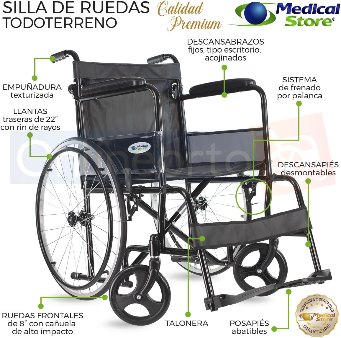 MEDICAL STORE Silla de Ruedas, Modelo 809F, Acero Resistente, Descansapies Desmontables, Descansabrazos Fijos Rectos, Asiento y Respaldo de Vinil Alta Resistencia. (ROJO)