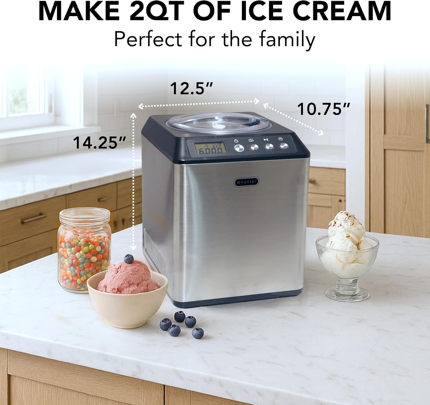 Whynter ICM-201SB - Máquina de helado con compresor automático vertical de 2.1 cuartos de galón con tazón de acero inoxidable en color negro