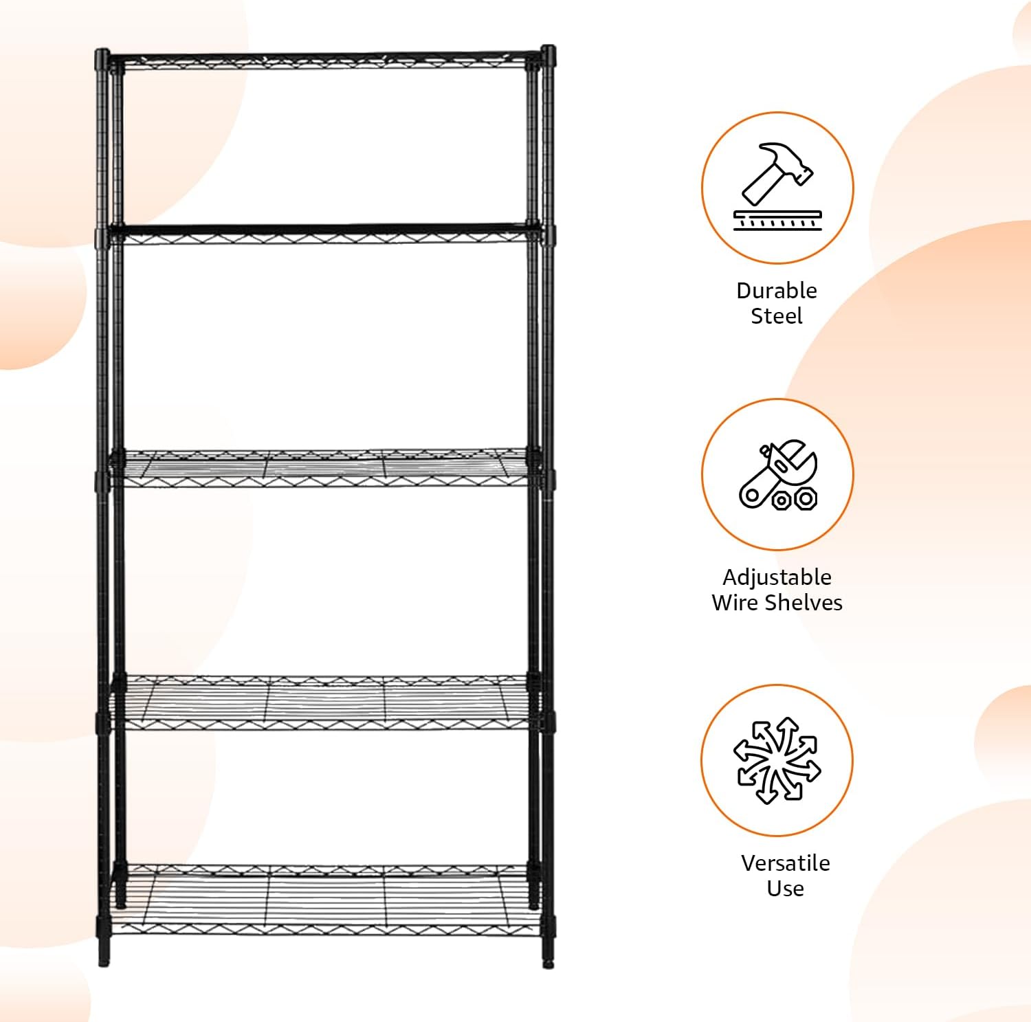 Basics - Estantería de almacenamiento ajustable de alambre de acero resistente de 5 estantes para cocina, garaje, 92 cm de largo x 36 cm de ancho x 183 cm de alto, negro