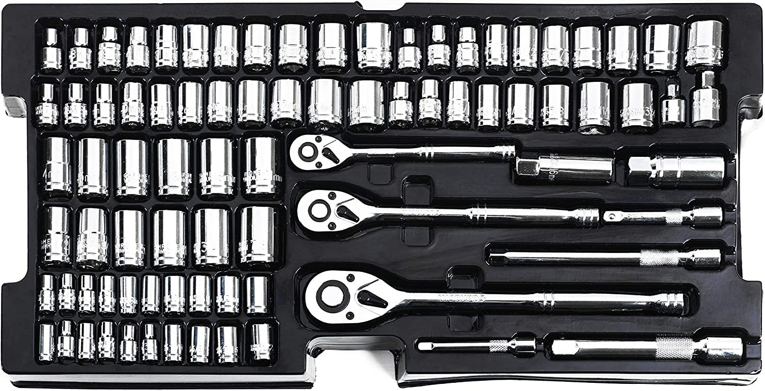 WorkPro - W009044A Juego de herramientas mecánicas de 408 piezas con caja de metal resistente de 3 cajones—llave de copo de nieve