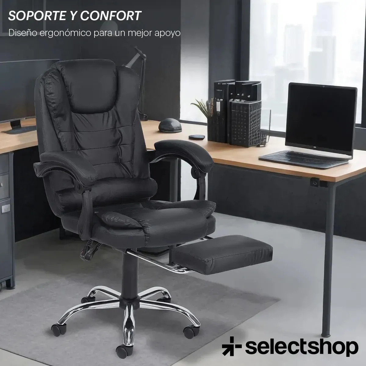 Silla Ejecutiva Con Masaje Secretarial Oficina Reposapiés Respaldo Reclinable Acojinada Giratoria Ergonómica Descansa Pies SelectShop Color Negro