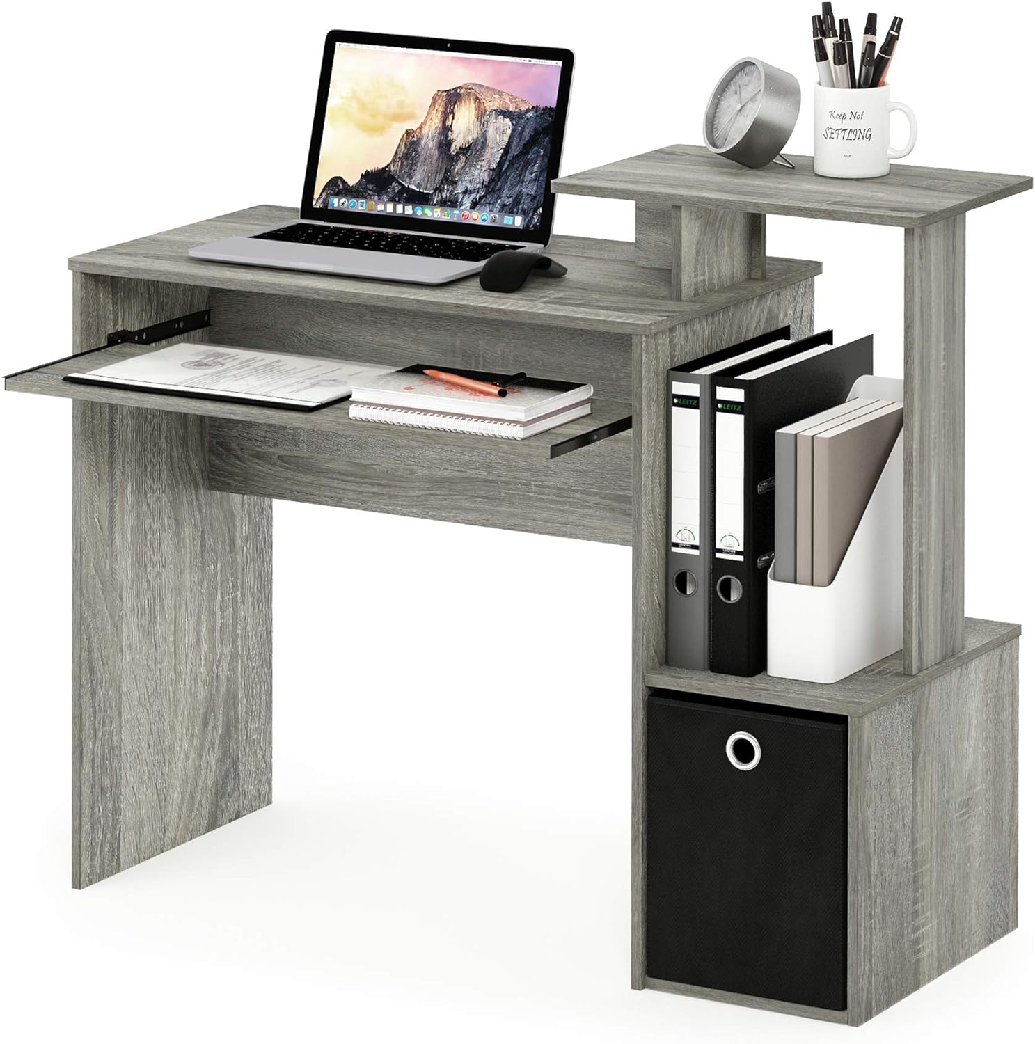 Furinno Econ Escritorio de escritura de computadora de oficina en casa multipropósito W/Bin, Blanco/Negro