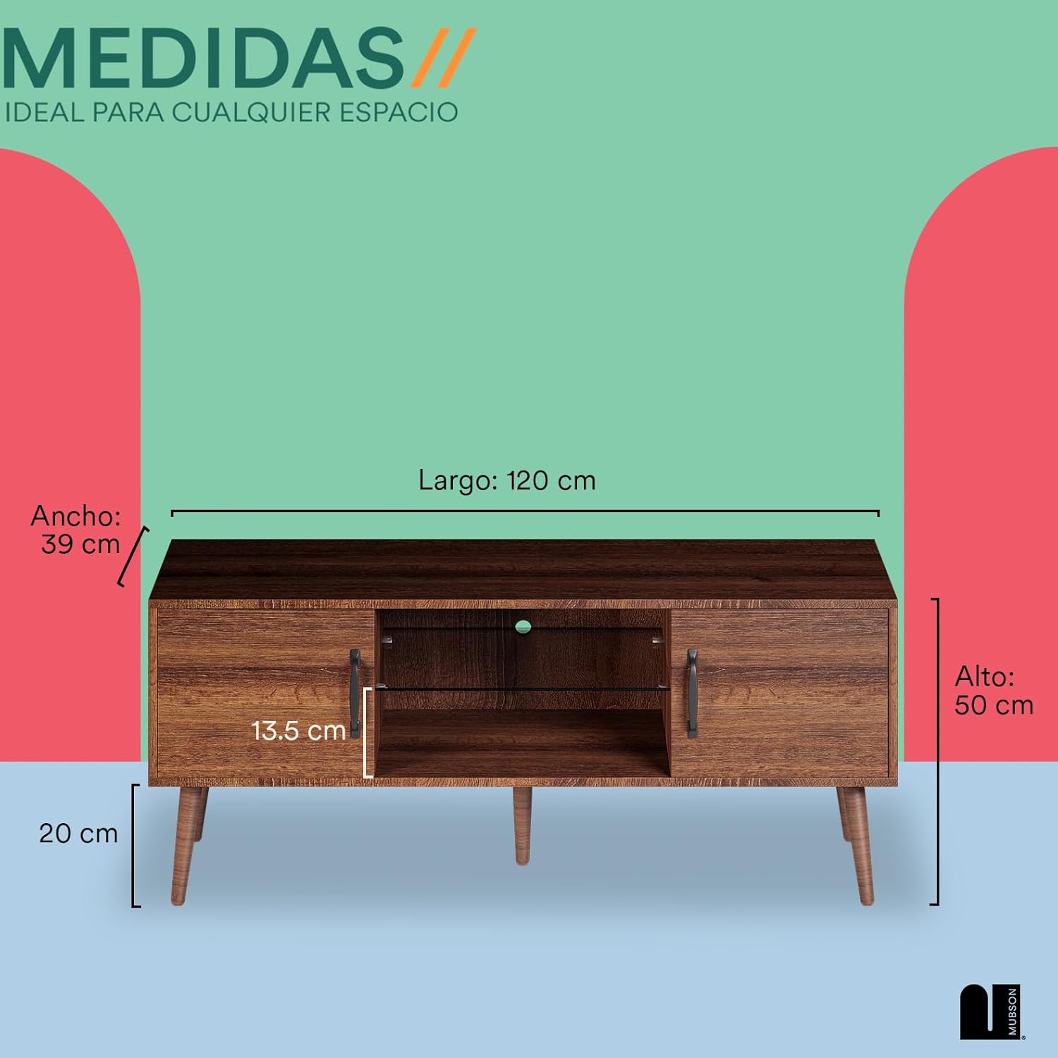 MUBSON Mueble para TV para Pantallas de hasta 55 Pulgadas | 120x39 cm | Centro de Entretenimiento para TV Marena con 3 Repisas y 2 Espacios para Consolas o Bocinas. Mesa para TV. TV Furniture