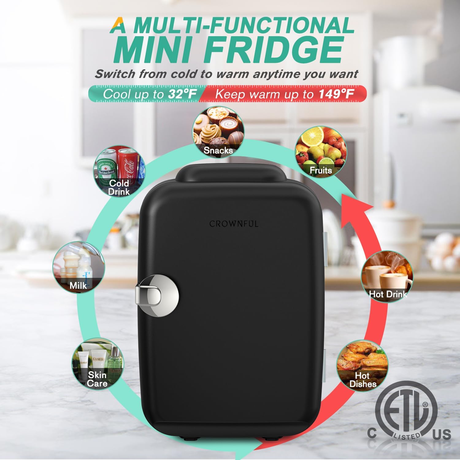 CROWNFUL Mini nevera, 4 litros/6 latas, cosméticos, alimentos, medicamentos,dormitorio,oficina, coche,refrigerador portátil y calentador personal para el cuidado de la piel(Negro mate)