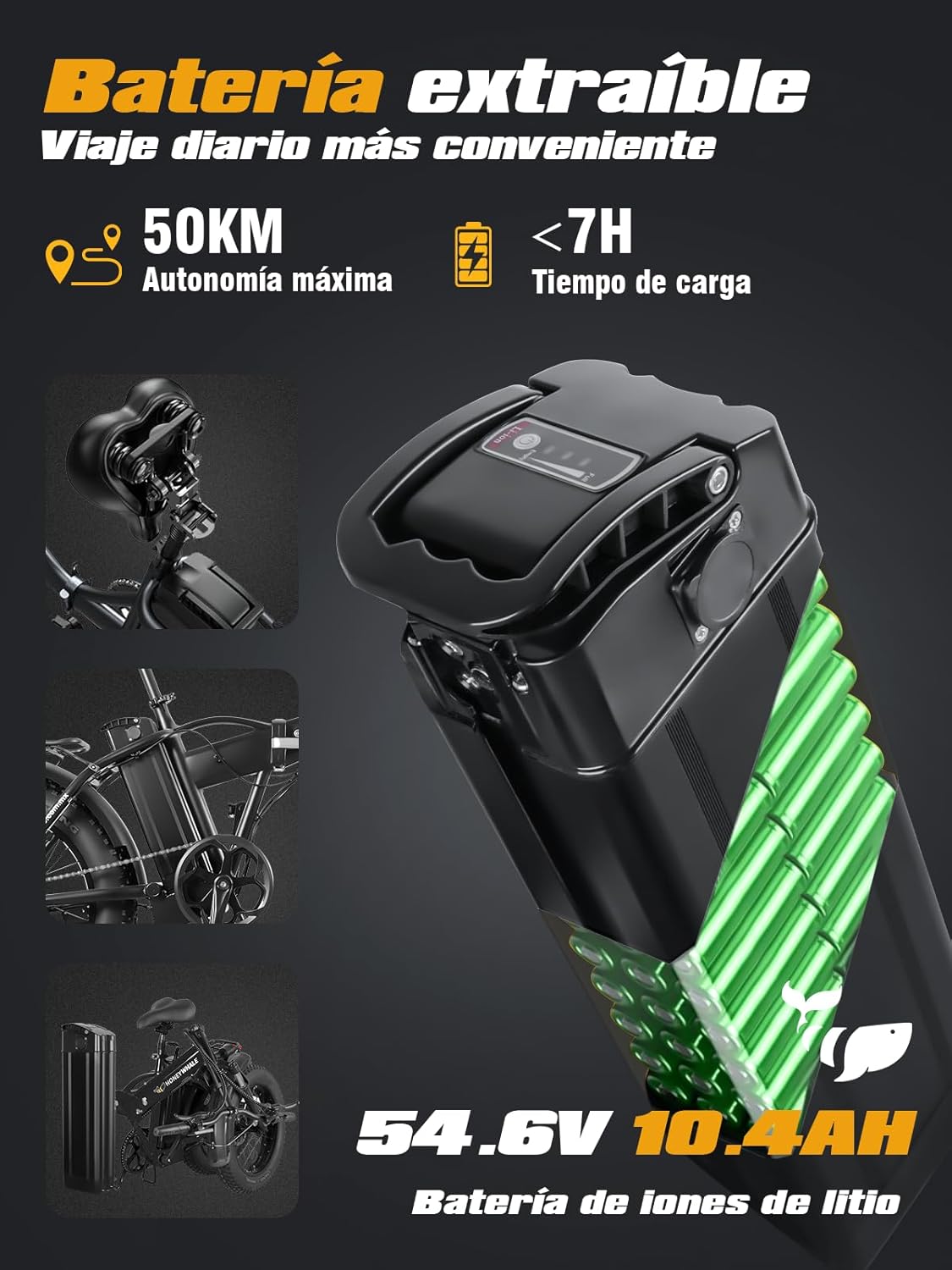 HONEYWHALE F6S Bicicleta Eléctrica Plegable para Adultos, Bicicleta de montaña de 7 Velocidades, Motor 900W-Max, Velocidad Máxima 45KM/H, Autonomía 50KM, Batería Extraíble (54.6V, 10.4AH)