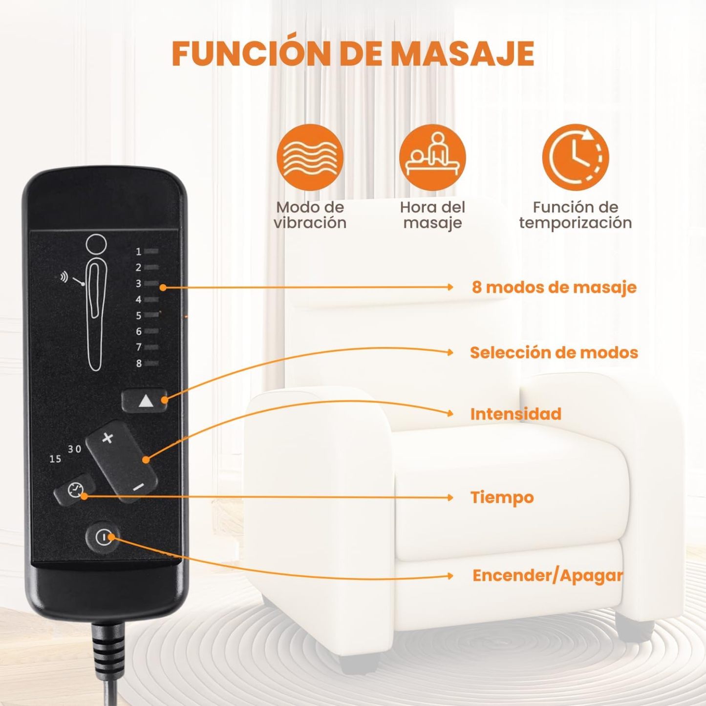 FABATO Sillon Individual-Sillon Reclinable Adultos Tipo Cine 8 Modos de Masaje con Soporte Lumbar, Reposapiés Retráctil y 3 Posiciones -Tu Mecedora Adulto de Cuero Ideal para tu casa (Crema)