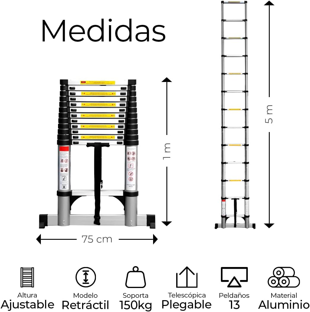 Raganet, Escalera Telescópica Recta, Escalera de Recta de Altura Ajustable, Aluminio Reforzado y Duradera, Modelo Retráctil de Mayor Estabilidad (5 Metros)
