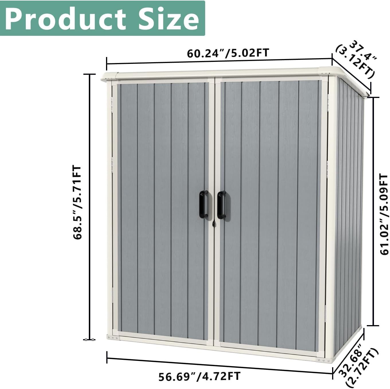 Aoxun - Cobertizo de almacenamiento para exteriores de 5 x 3 pies, cobertizo de resina con piso y puerta con cerradura, cobertizos de plástico para bote de basura, herramienta, accesorios, césped