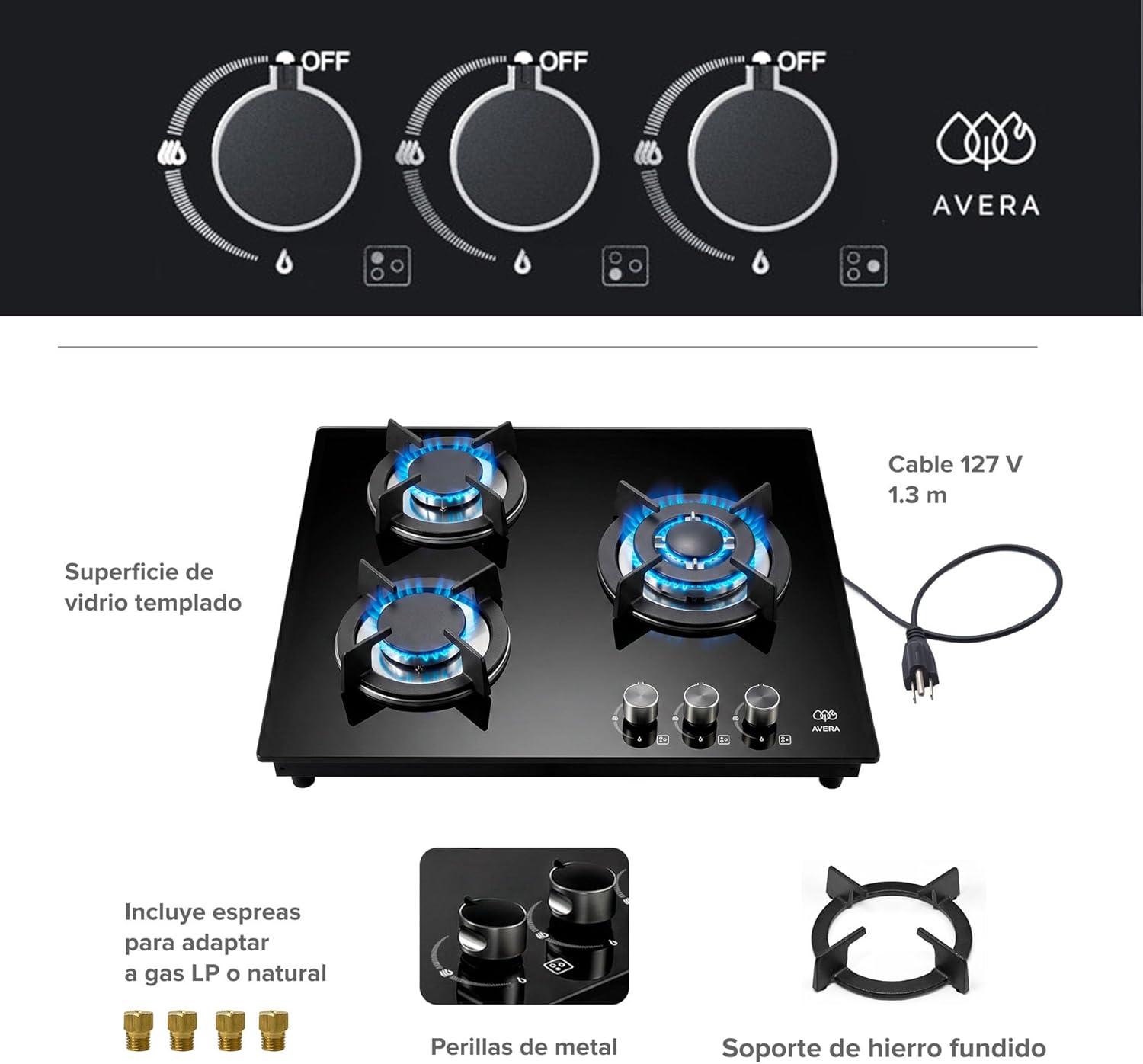 AVERA Parrilla de gas 3 quemadores Premium, Superficie de vidrio templado 60 cm, Soportes Hierro fundido, Encendido Electronico, Estufa Empotrable para Gas LP y Natural, Incluye espreas | VT3