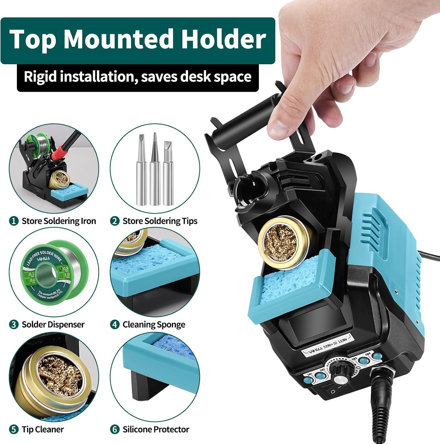 YIHUA 939D+ III EVO Kit de estación de soldador digital de 110 W de alta potencia con visualización LCD, 4 canales de memoria, modo de suspensión, calibración digital, cable de soldadura, manos