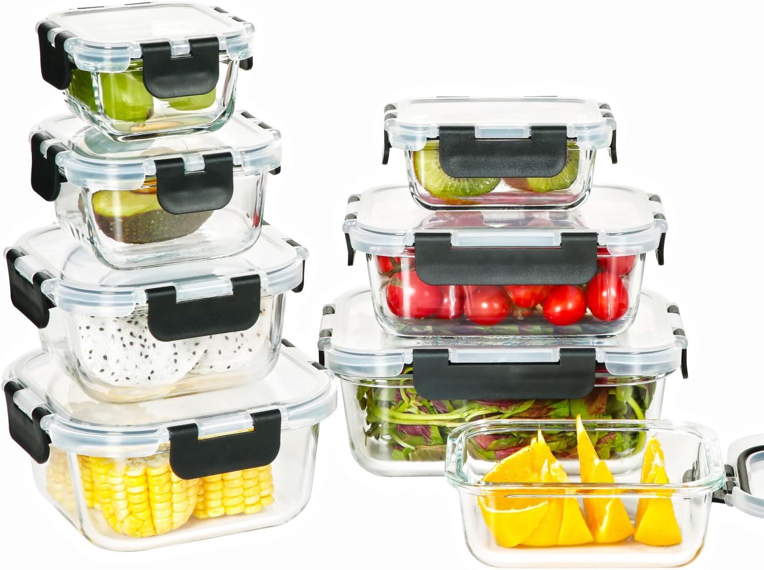 EasyWare JUEGO DE RECIPIENTES DE VIDRIO HERMÉTICO, CONTENEDORES Para Alimentos con Tapas Cierre Fácil, Refractarios para Cocina, Horno, Refrigerador Congelador (JUEGO 10 RECIPIENTES (20 PZ))