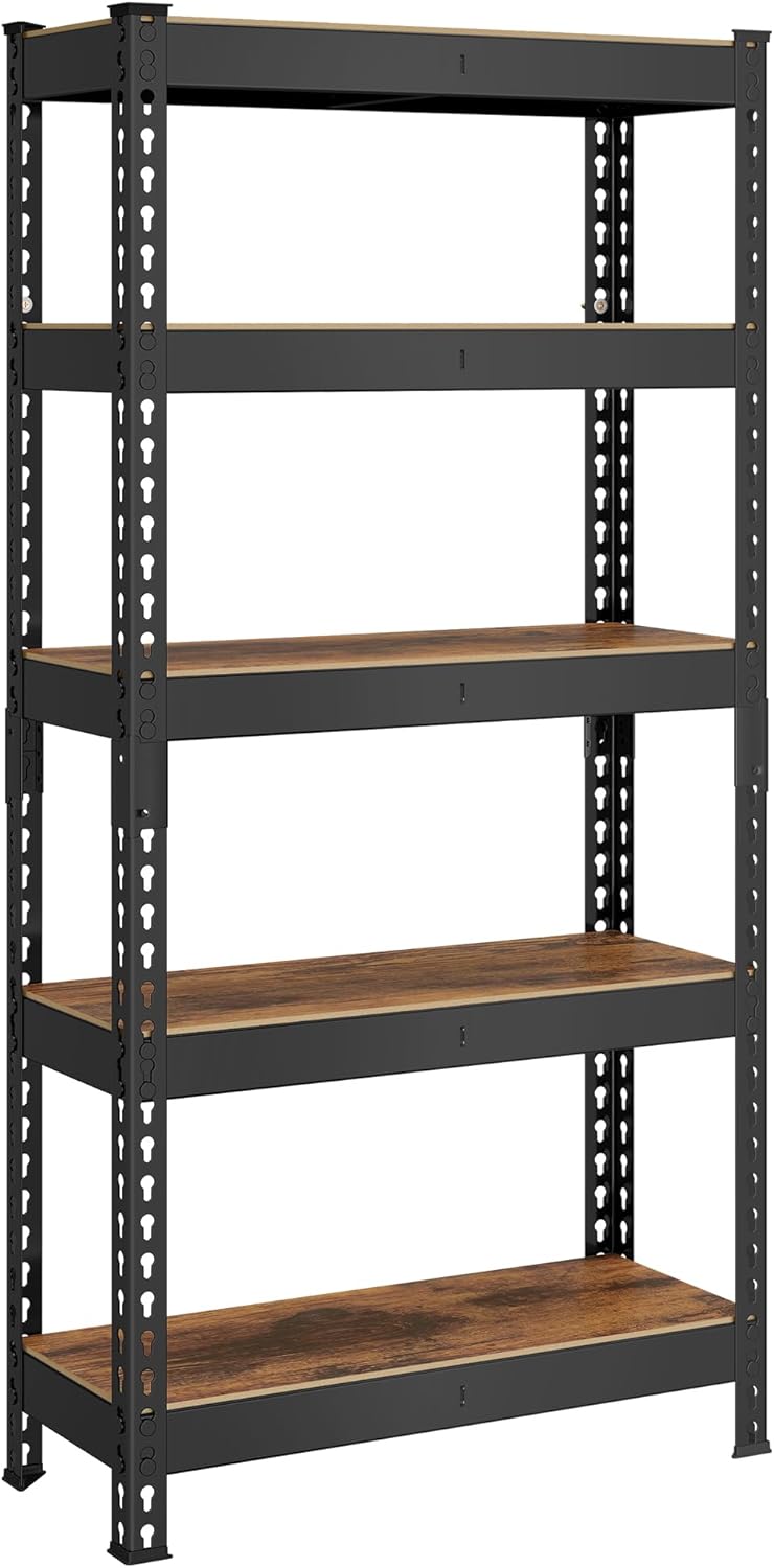 SONGMICS Estantería de Almacenamiento de 5 Niveles, Montaje sin Tornillos, Estantes Ajustables, 45 x 90 x 180 cm, Marrón Rústico y Negro MGLR450BZ02.