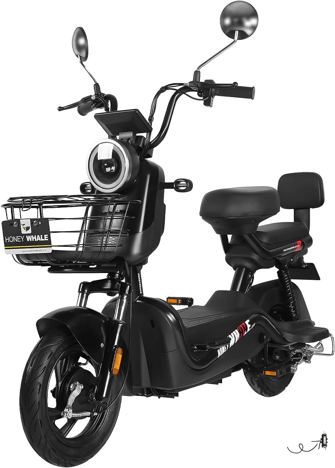 HONEYWHALE U3s Bicicleta eléctrica para adultos, bicicleta eléctrica con alarma, motor máximo 650W, velocidad máxima 31KM/H, autónoma 55-60KM, batería de gran capacidad 20AH, dos asientos----luces de coche