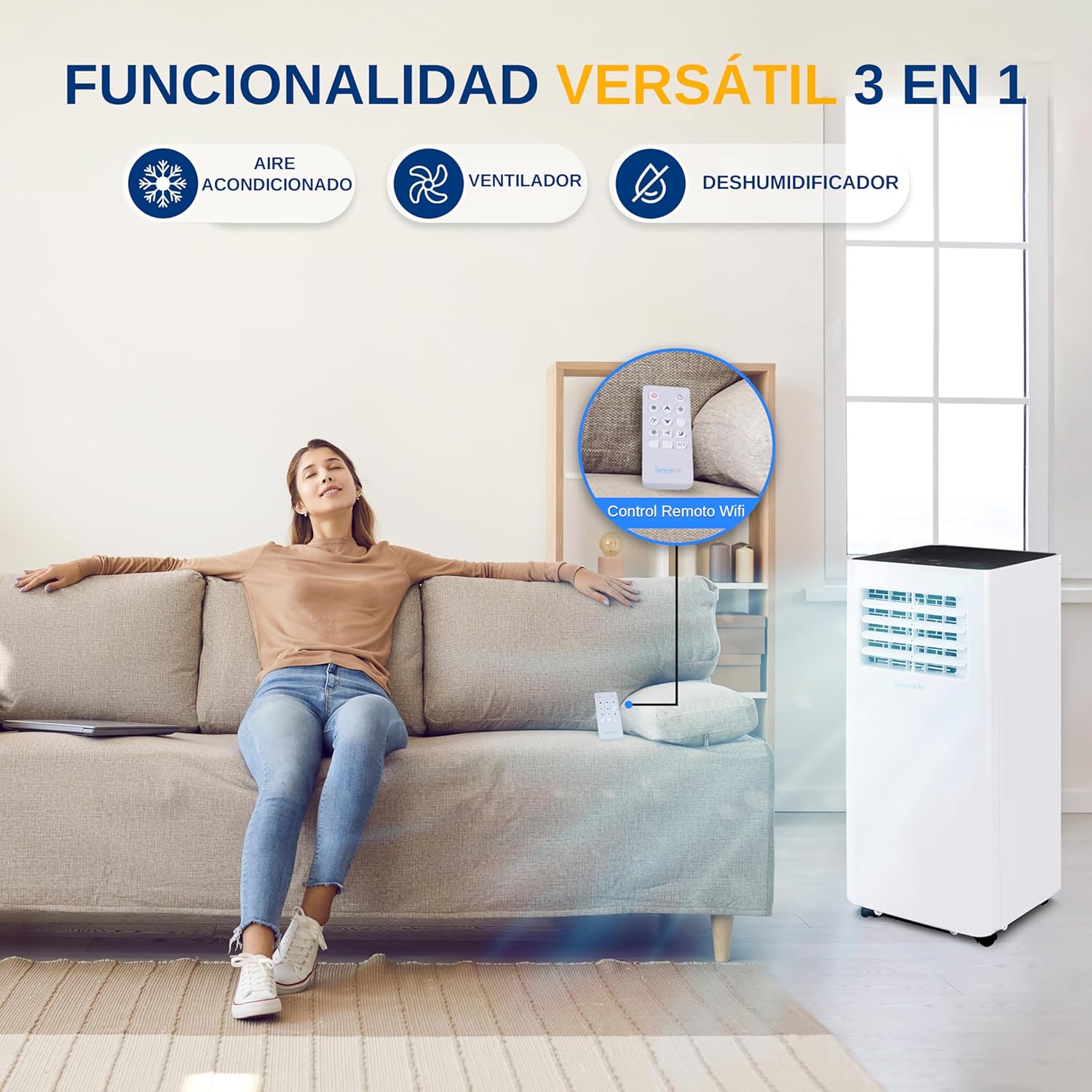 SereneLife Aire Acondicionado Portátil 10000 BTU WiFi con Deshumidificador Incorporado, para habitaciones de hasta 42mts, Control Remoto y App, Incluye Kit de Montaje para Ventana
