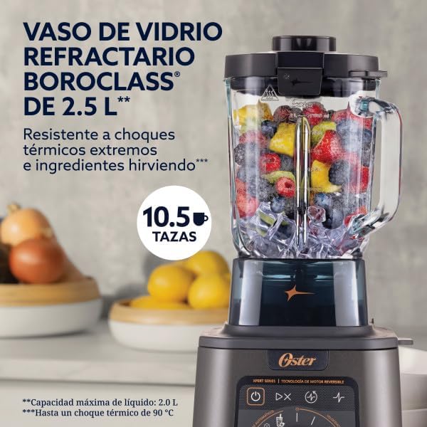 Oster Licuadora Profesional Titan de 2200 W con 4 Programas para Salsa, Sopa, Smoothie y Malteadas, 5 Velocidades, Vaso de Vidrio 2.5 L, Cuchilla de Acero Inoxidable, más Vaso Portátil, BLSTXT-XG