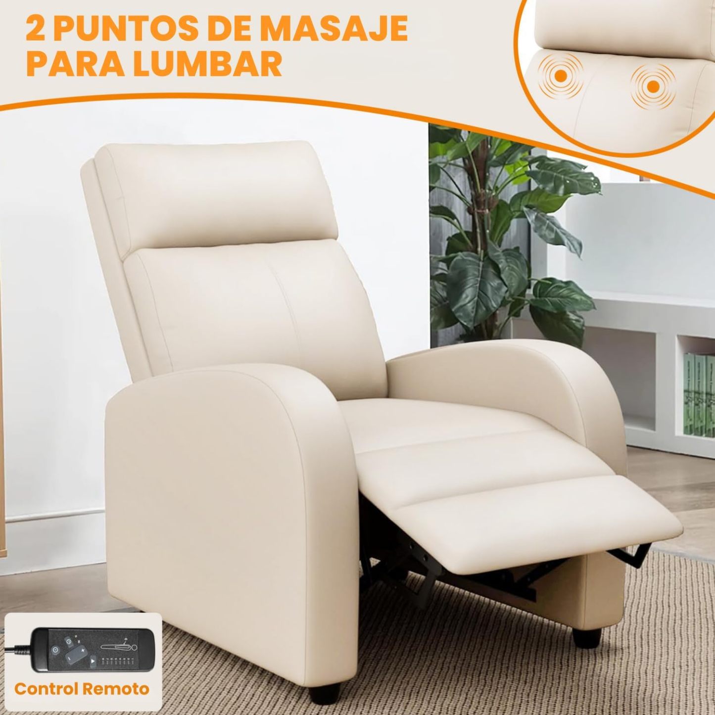 FABATO Sillon Individual-Sillon Reclinable Adultos Tipo Cine 8 Modos de Masaje con Soporte Lumbar, Reposapiés Retráctil y 3 Posiciones -Tu Mecedora Adulto de Cuero Ideal para tu casa (Crema)