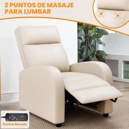 FABATO Sillon Individual-Sillon Reclinable Adultos Tipo Cine 8 Modos de Masaje con Soporte Lumbar, Reposapiés Retráctil y 3 Posiciones -Tu Mecedora Adulto de Cuero Ideal para tu casa (Crema)
