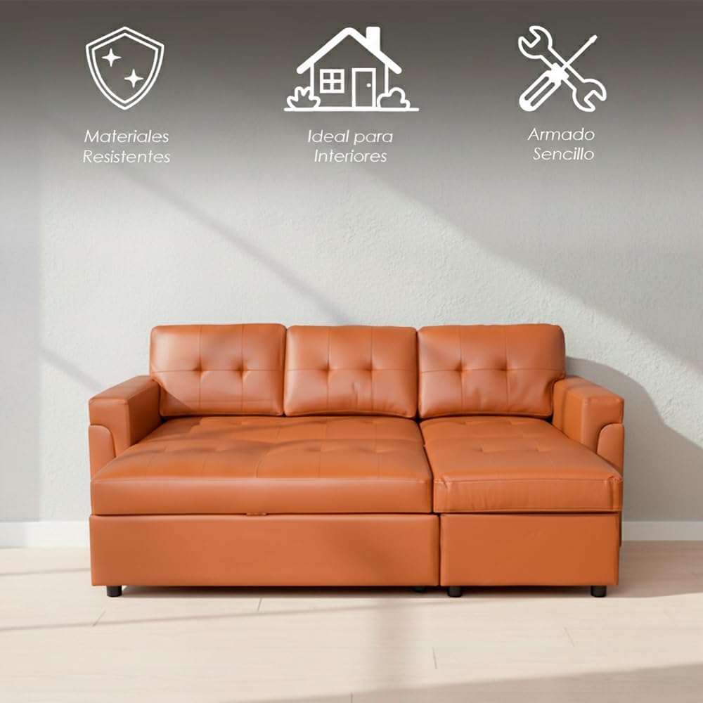 Ilios Innova | Sofá Cama Kairo de Cuero Sintético, Chaise Longue/Cama Extraíble, 3 Plazas, Estructura de Madera, Funcional y Moderno.